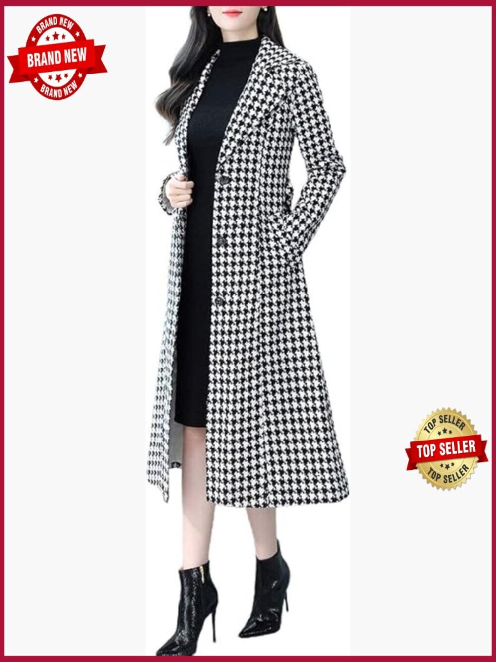 Houndstooth Trench Coat Winter Quilt-Lined Long Single Breasted Coat